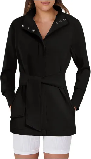 Sinzelimin Womens Mid-Length Trench Coat with Belt Fashion Button up Stand Collar Long Sleeves Windbreaker Outwear & Jackets