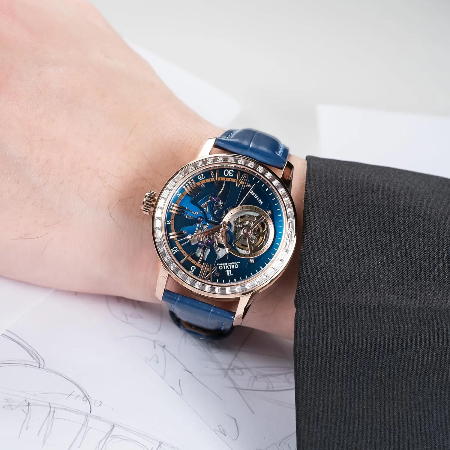 Skeleton Automatic Wristwatch with Leather Strap, Blue Dial, Diamonds Bezel