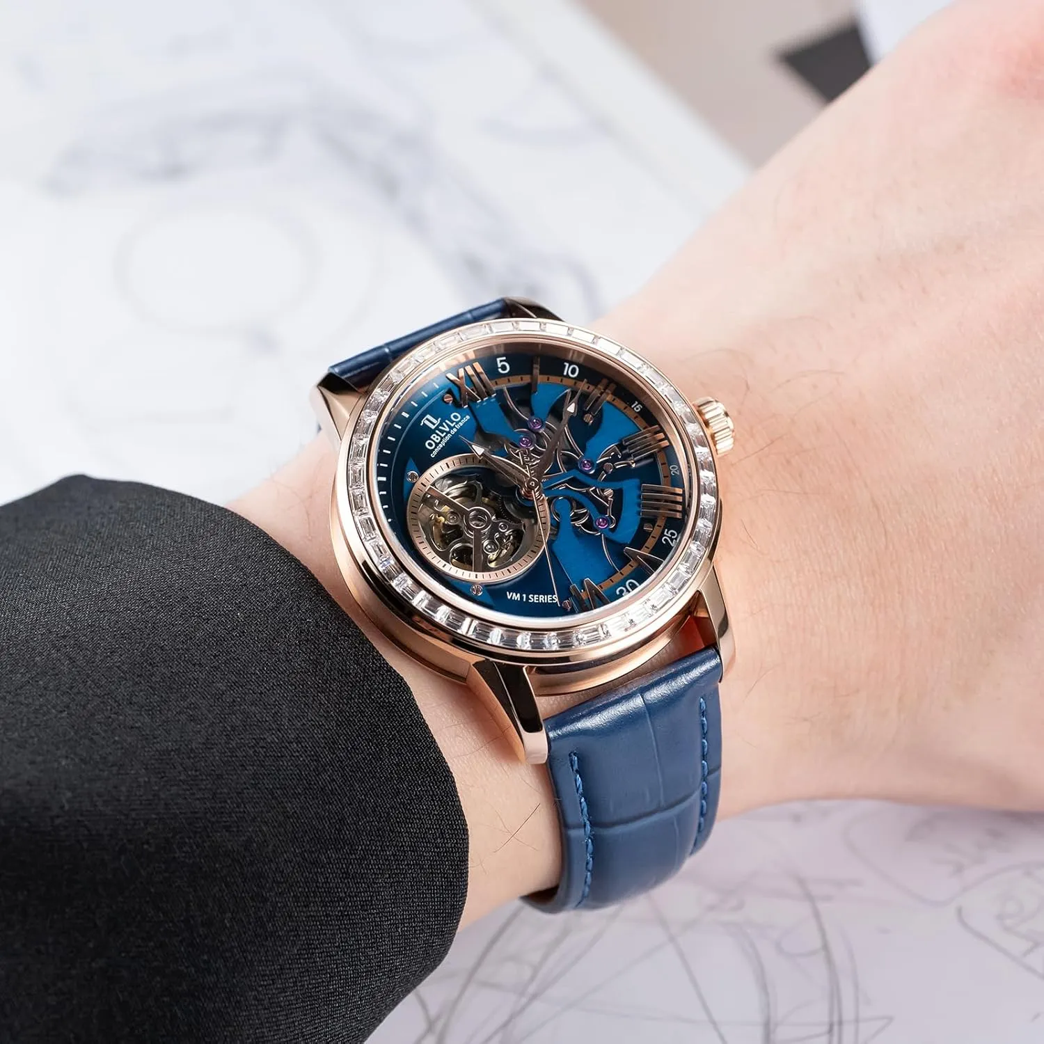 Skeleton Automatic Wristwatch with Leather Strap, Blue Dial, Diamonds Bezel
