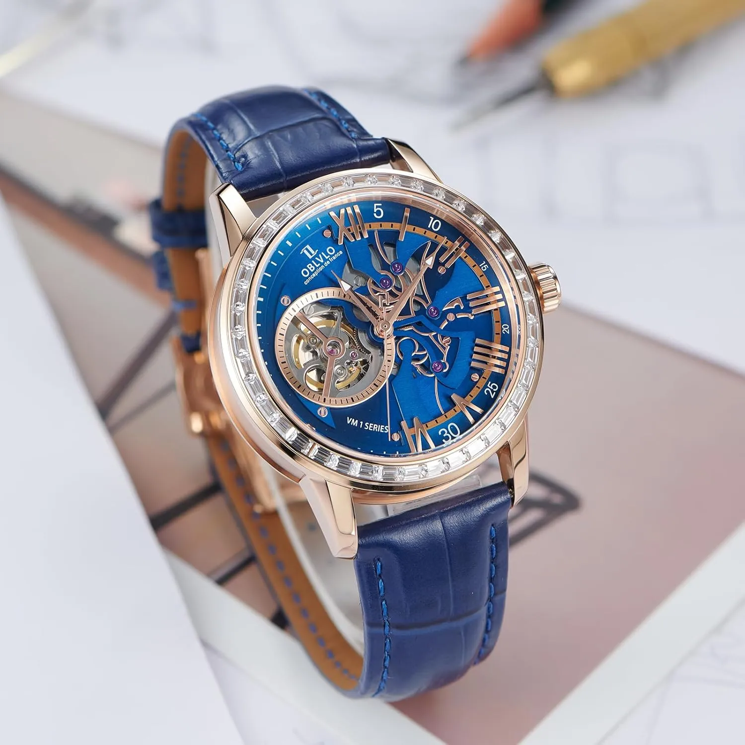 Skeleton Automatic Wristwatch with Leather Strap, Blue Dial, Diamonds Bezel