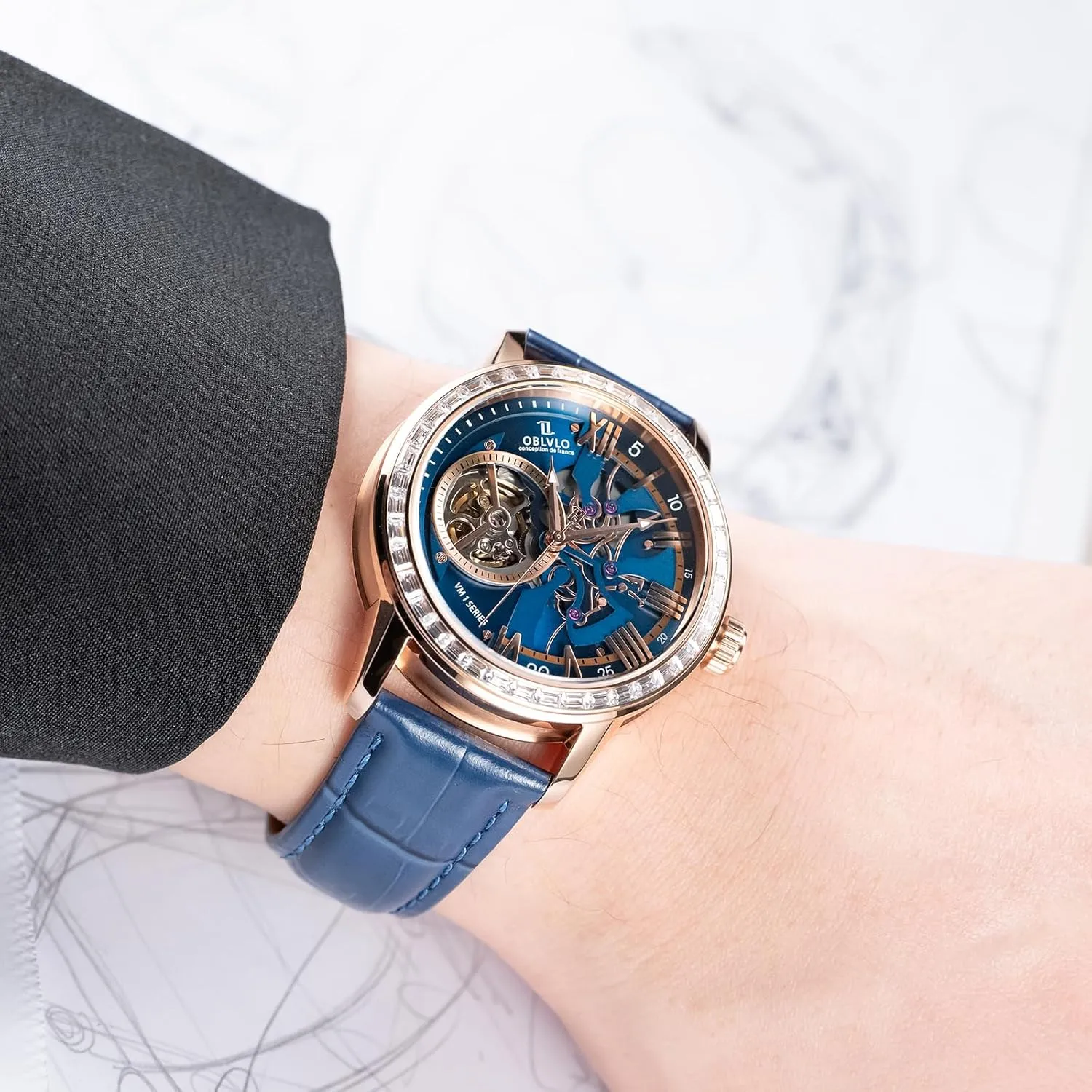 Skeleton Automatic Wristwatch with Leather Strap, Blue Dial, Diamonds Bezel