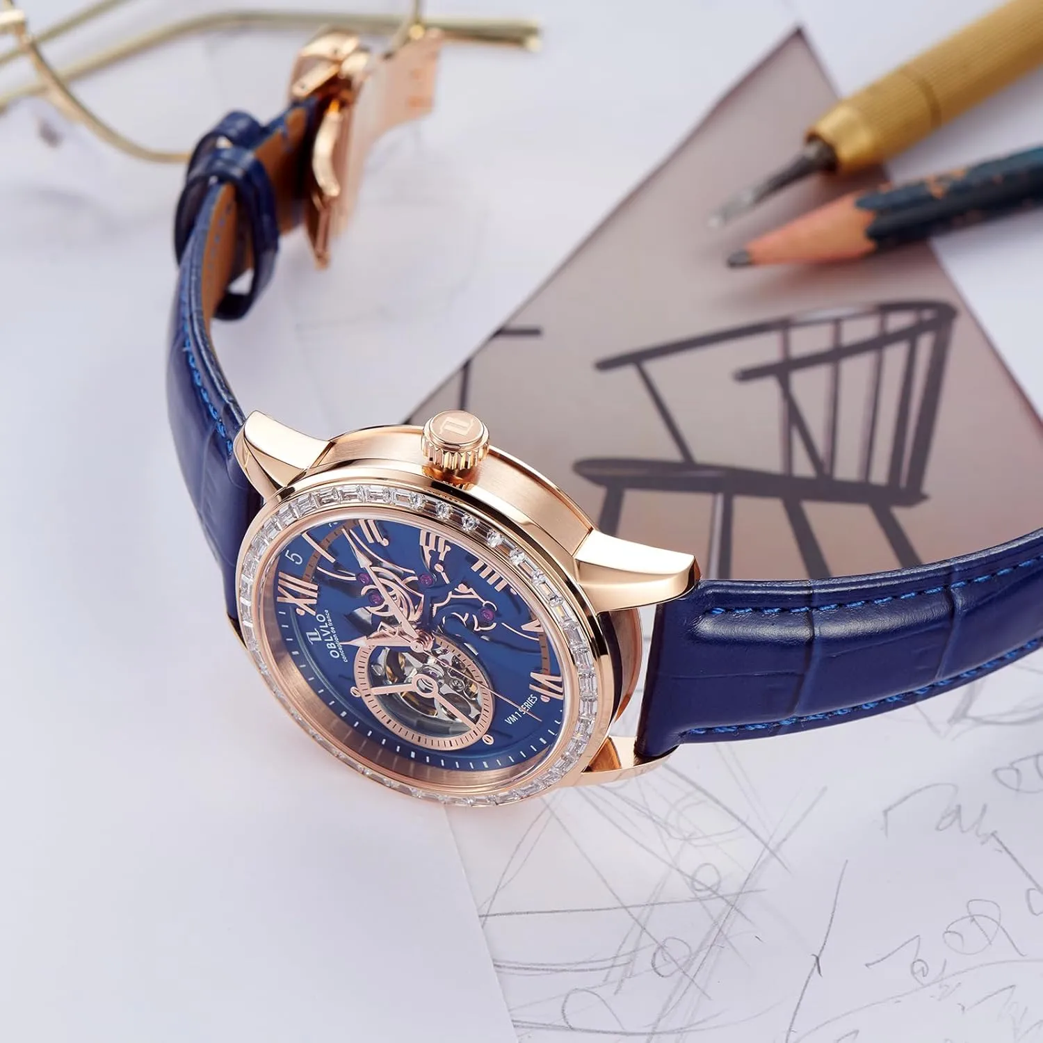 Skeleton Automatic Wristwatch with Leather Strap, Blue Dial, Diamonds Bezel