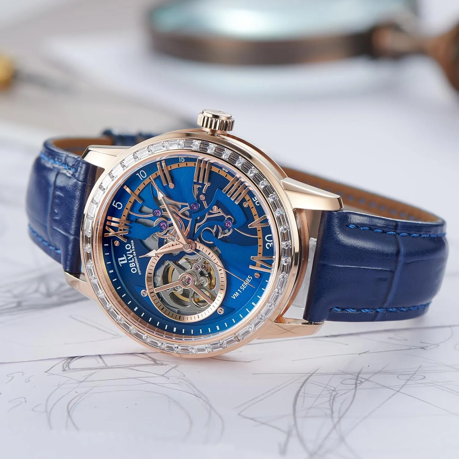 Skeleton Automatic Wristwatch with Leather Strap, Blue Dial, Diamonds Bezel