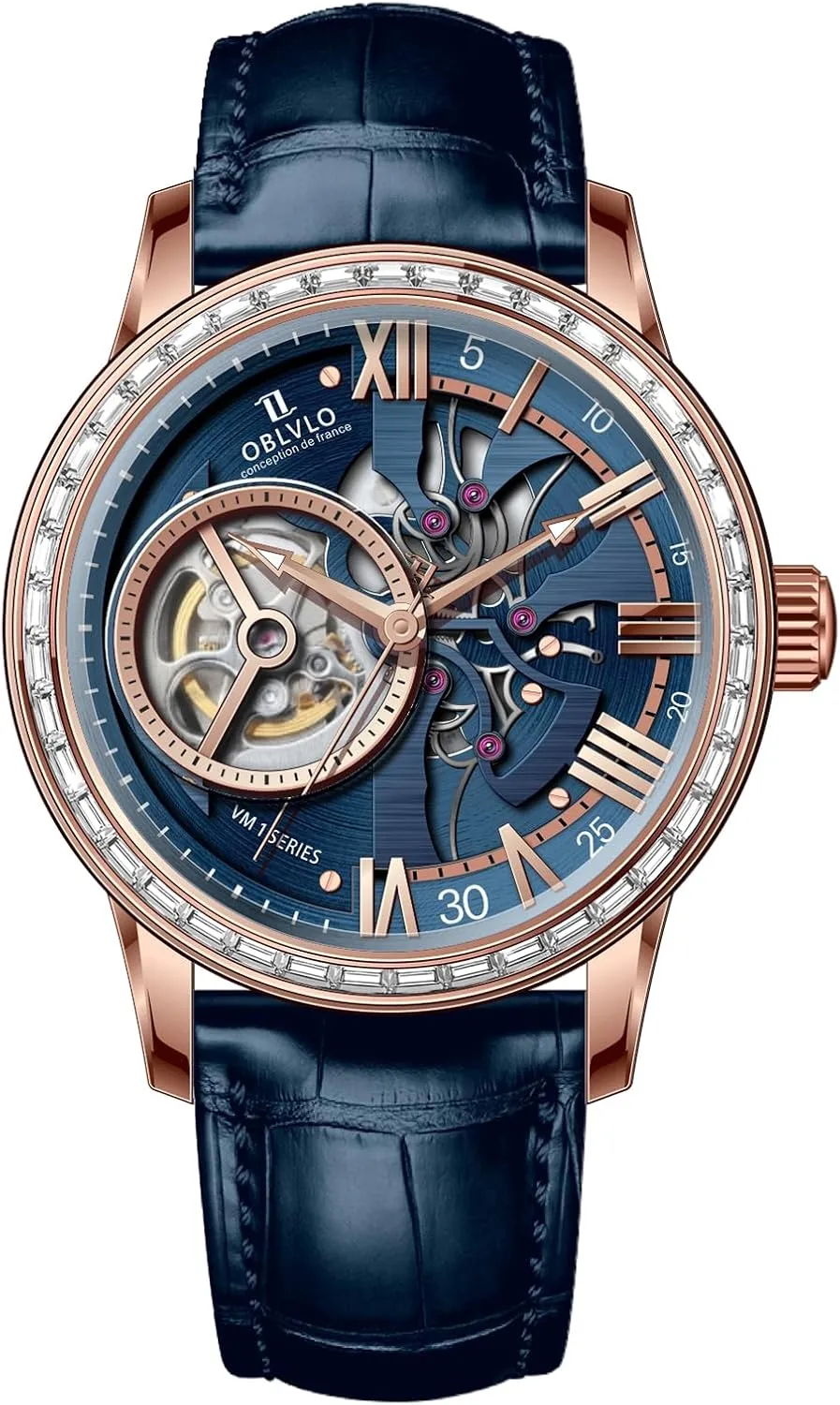 Skeleton Automatic Wristwatch with Leather Strap, Blue Dial, Diamonds Bezel