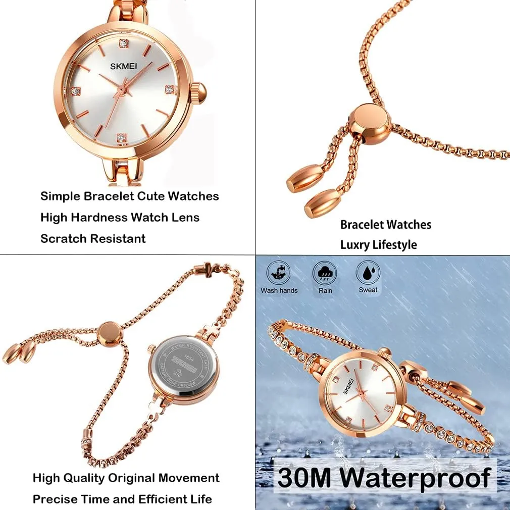 SKMEI Women Watches Bracelet Diamond Ladies Female Small Rose Gold Fashion Luxury Thin Waterproof Analog Quartz Casual Girls Wife Gifts Silver Wrist Watch