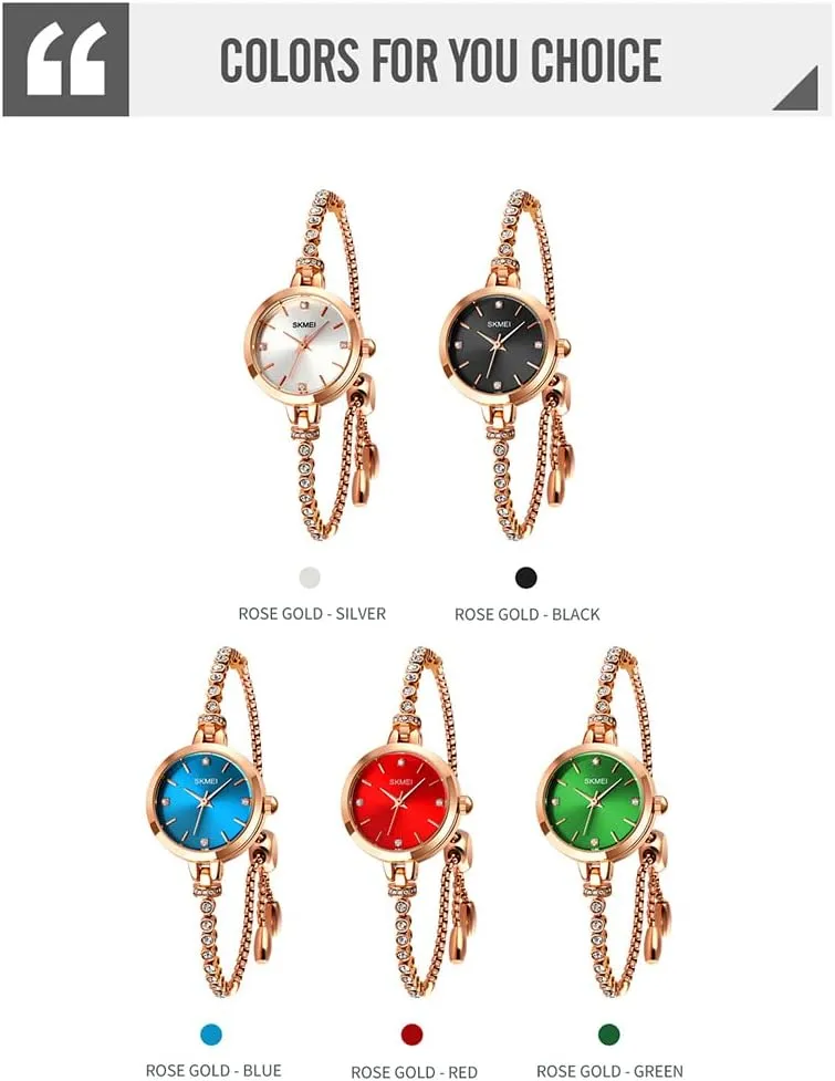 SKMEI Women Watches Bracelet Diamond Ladies Female Small Rose Gold Fashion Luxury Thin Waterproof Analog Quartz Casual Girls Wife Gifts Silver Wrist Watch