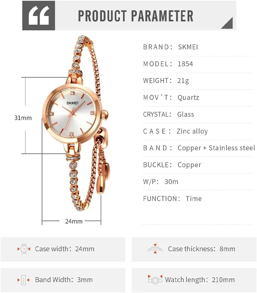 SKMEI Women Watches Bracelet Diamond Ladies Female Small Rose Gold Fashion Luxury Thin Waterproof Analog Quartz Casual Girls Wife Gifts Silver Wrist Watch