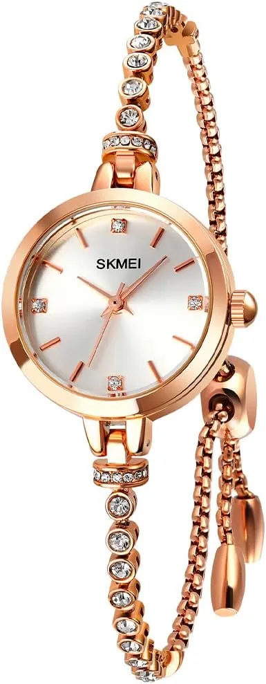SKMEI Women Watches Bracelet Diamond Ladies Female Small Rose Gold Fashion Luxury Thin Waterproof Analog Quartz Casual Girls Wife Gifts Silver Wrist Watch