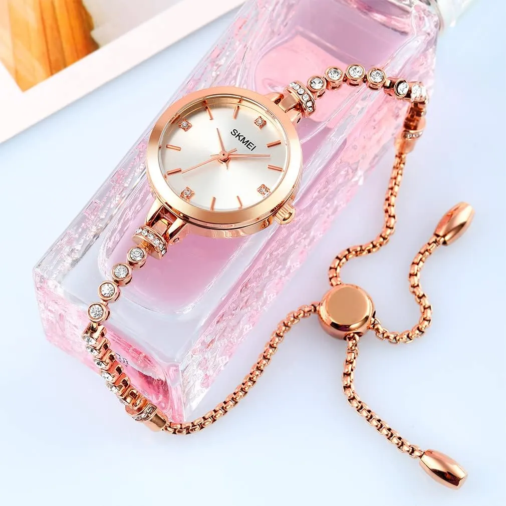 SKMEI Women Watches Bracelet Diamond Ladies Female Small Rose Gold Fashion Luxury Thin Waterproof Analog Quartz Casual Girls Wife Gifts Silver Wrist Watch