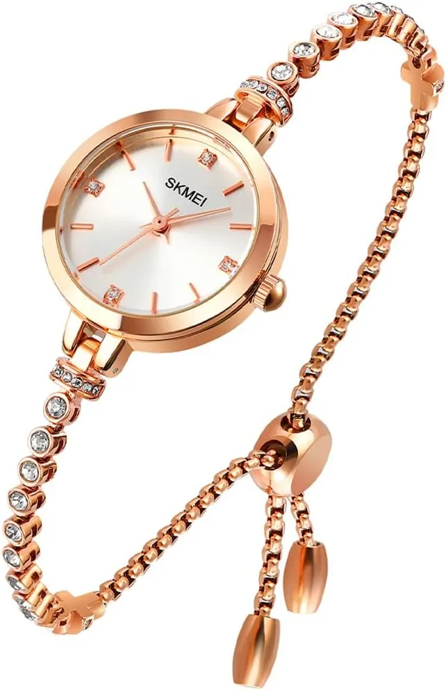 SKMEI Women Watches Bracelet Diamond Ladies Female Small Rose Gold Fashion Luxury Thin Waterproof Analog Quartz Casual Girls Wife Gifts Silver Wrist Watch
