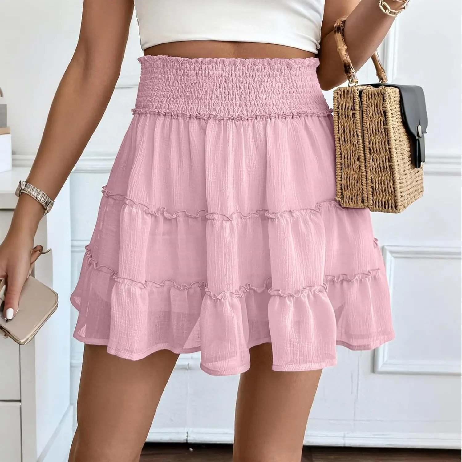 Skorts for Women Dressy Casual Summer Vacation Chiffon Mini Skirt with Shorts High Waisted Tiered Ruffle Short Skirt
