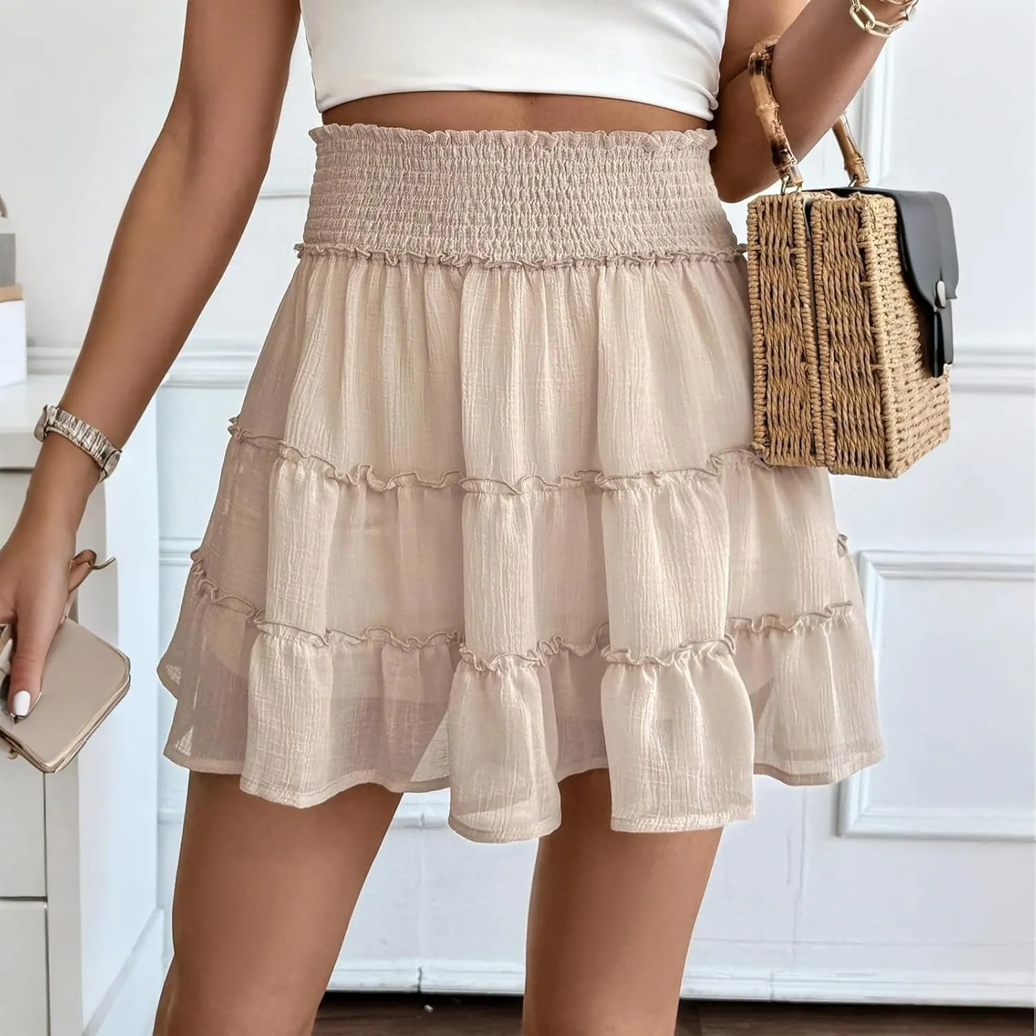 Skorts for Women Dressy Casual Summer Vacation Chiffon Mini Skirt with Shorts High Waisted Tiered Ruffle Short Skirt