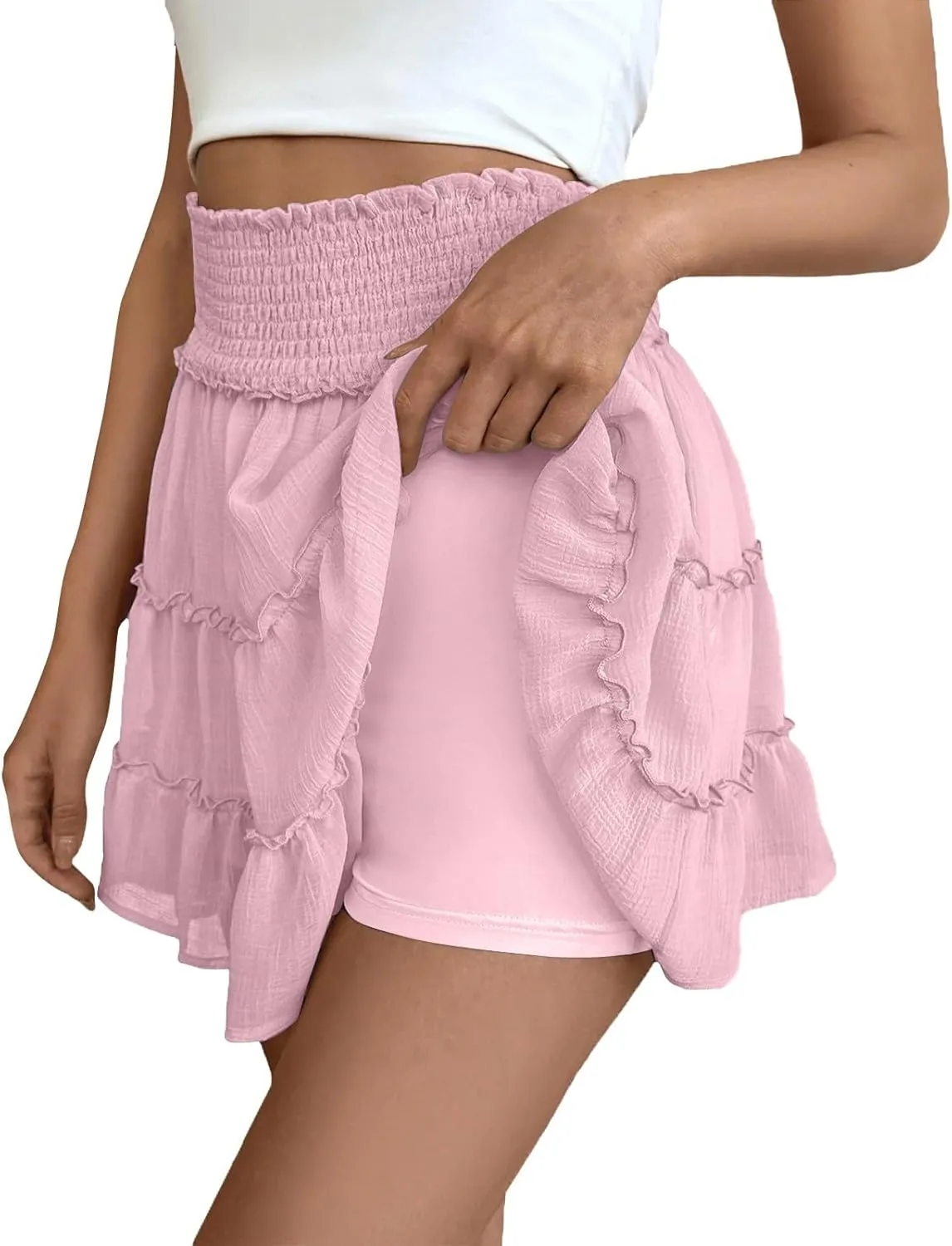Skorts for Women Dressy Casual Summer Vacation Chiffon Mini Skirt with Shorts High Waisted Tiered Ruffle Short Skirt