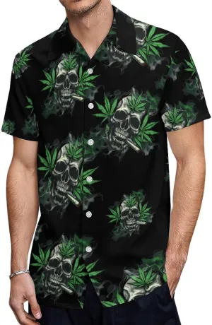 Skull With Weed Leaf Men's Button Down Hawaiian Shirt Casual Loose Fit Cuban Collar Beach Shirts