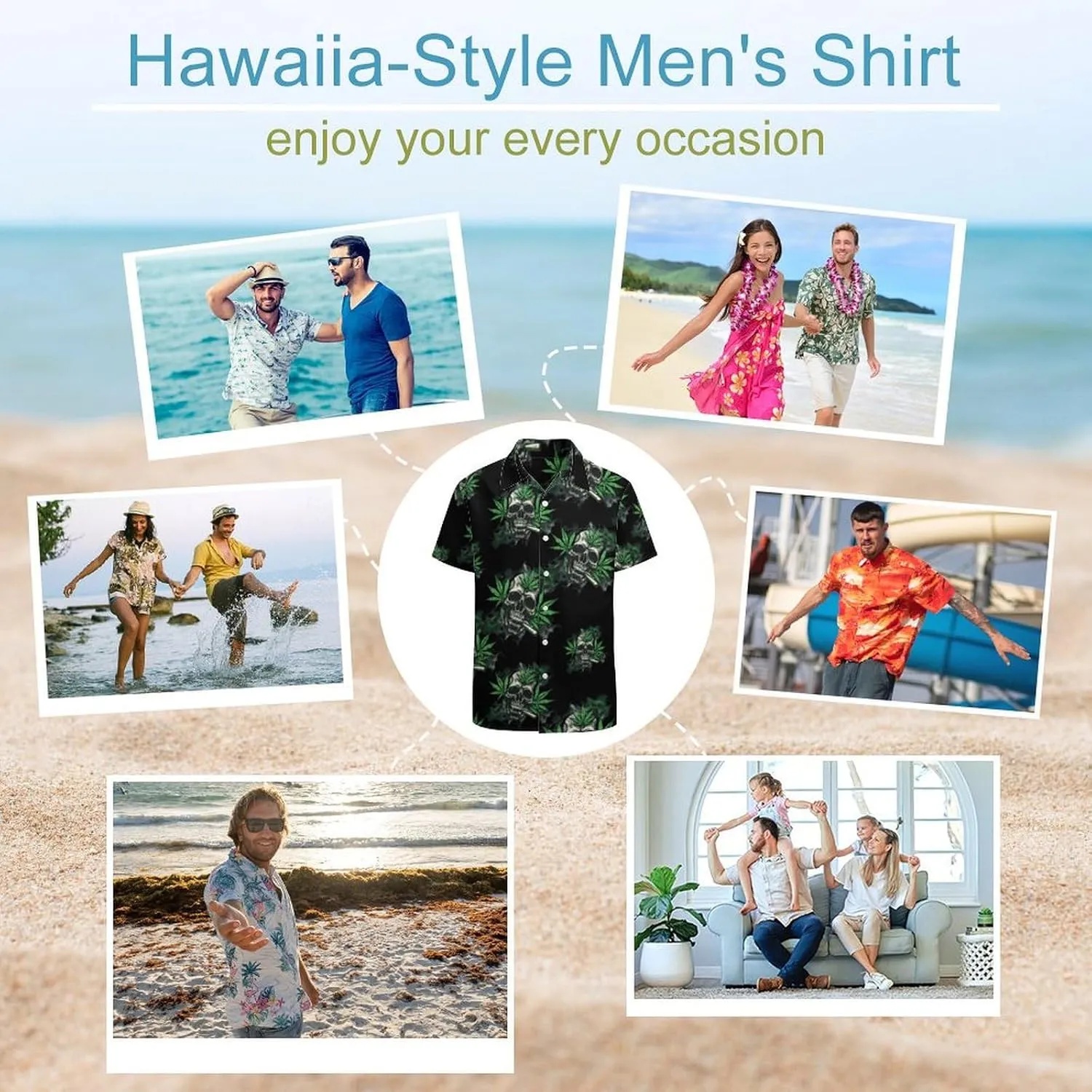 Skull With Weed Leaf Men's Button Down Hawaiian Shirt Casual Loose Fit Cuban Collar Beach Shirts