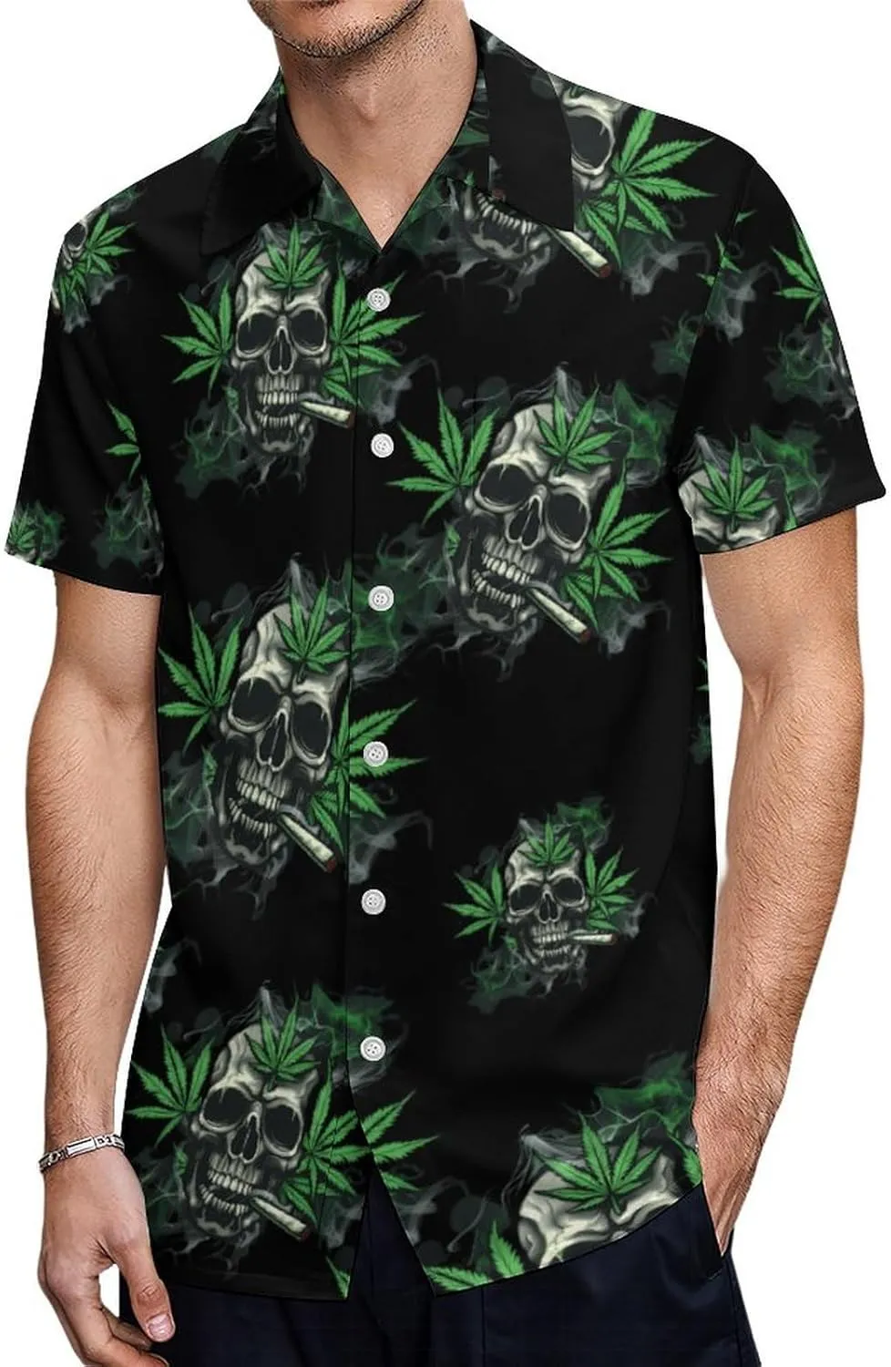Skull With Weed Leaf Men's Button Down Hawaiian Shirt Casual Loose Fit Cuban Collar Beach Shirts