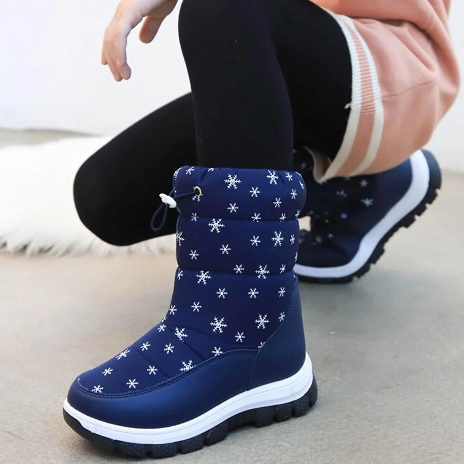 Snowshoes For Kids Thick Soles Non Slip Mid Calf Winter Chunky Snow Boots Girls Fur Lined Boots Insulated Hiking Boots