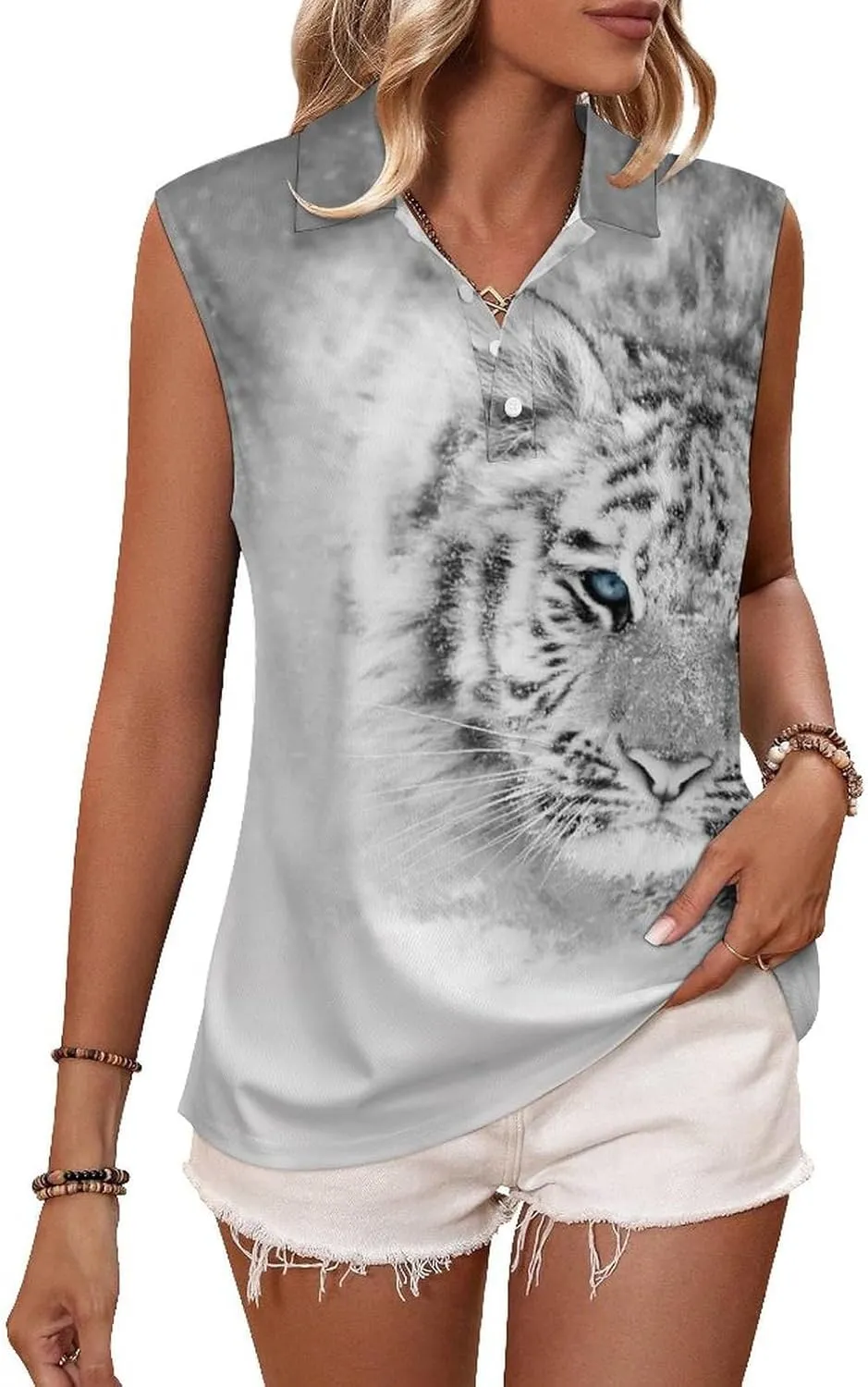 Snowy White Tiger Women's Sleeveless Golf Polo Shirts Athletic Tank Tops