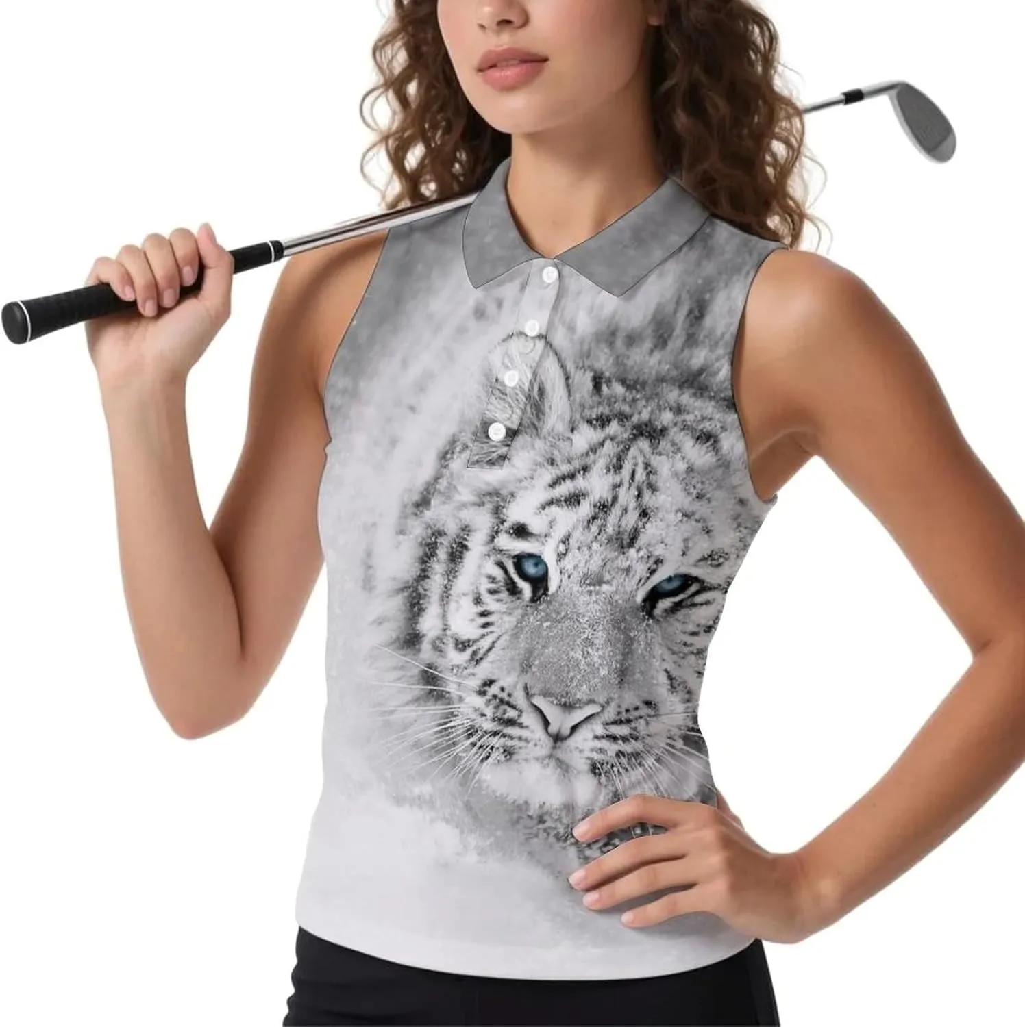 Snowy White Tiger Women's Sleeveless Golf Polo Shirts Athletic Tank Tops