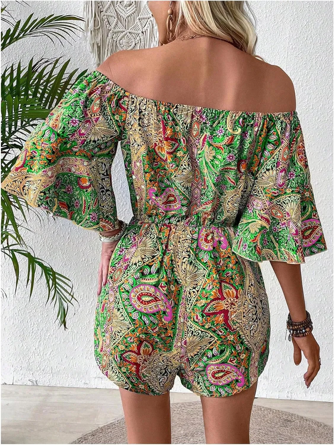 SOLY HUX Women's Boho Off Shoulder Romper Paisley Print High Waist Short Jumpsuits