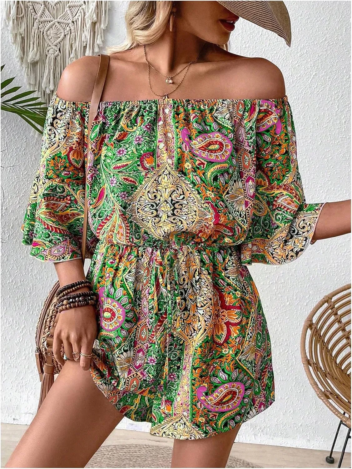 SOLY HUX Women's Boho Off Shoulder Romper Paisley Print High Waist Short Jumpsuits