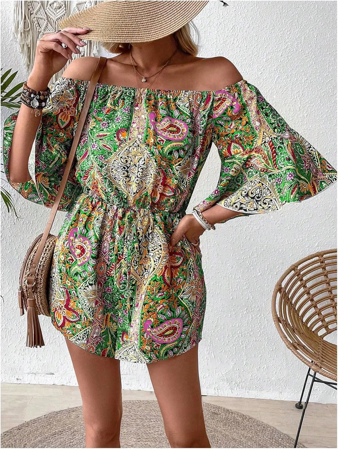 SOLY HUX Women's Boho Off Shoulder Romper Paisley Print High Waist Short Jumpsuits