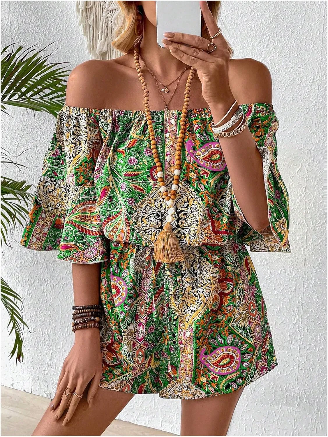 SOLY HUX Women's Boho Off Shoulder Romper Paisley Print High Waist Short Jumpsuits