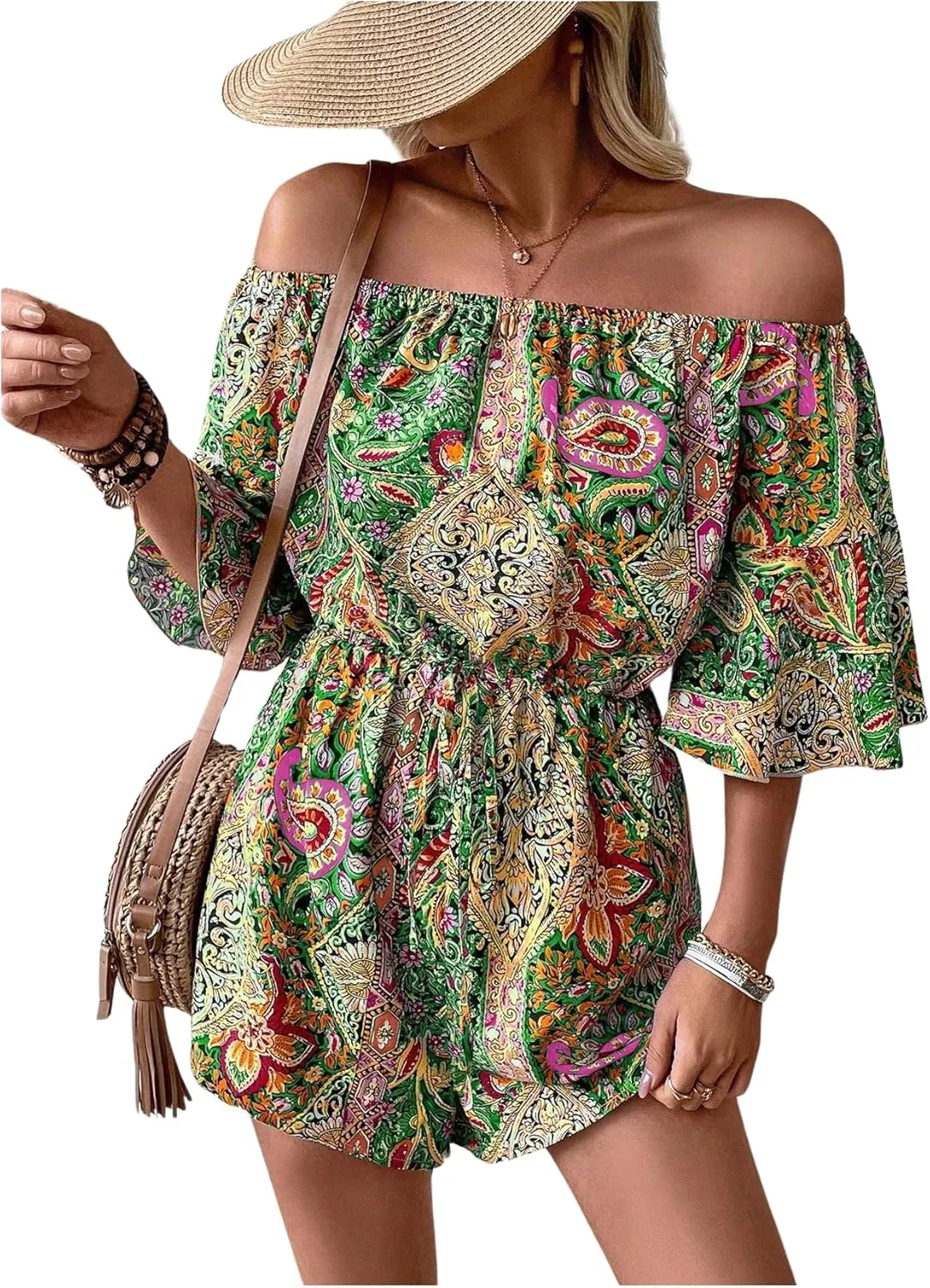 SOLY HUX Women's Boho Off Shoulder Romper Paisley Print High Waist Short Jumpsuits