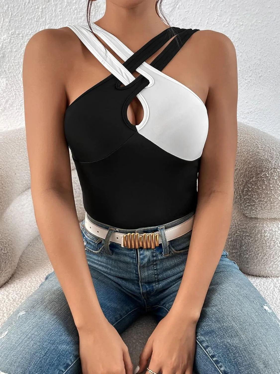 SOLY HUX Women's Color Block Criss Cross Front Cut Out Cami Tops Sleeveless Summer Camisole