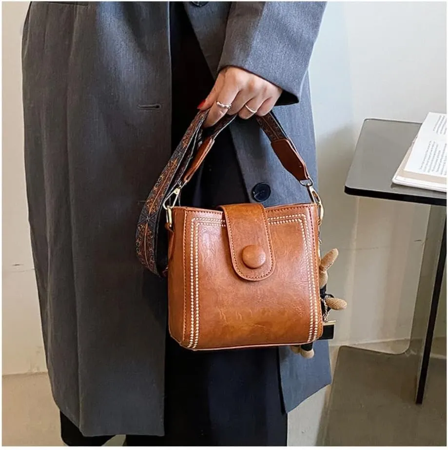 Square Shoulder Sling Bag, Vintage Fashion Bags with Adjustable Wide Shoulder Strap, Bucket Bag with Cute Rabbit Pendant