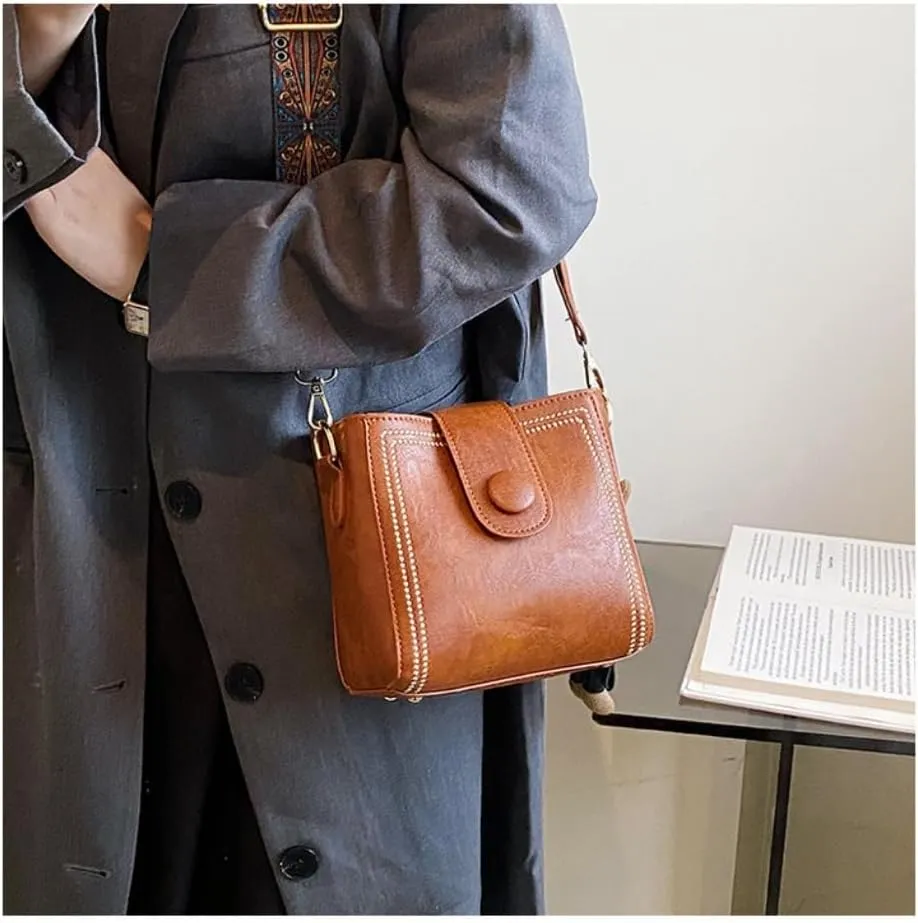 Square Shoulder Sling Bag, Vintage Fashion Bags with Adjustable Wide Shoulder Strap, Bucket Bag with Cute Rabbit Pendant
