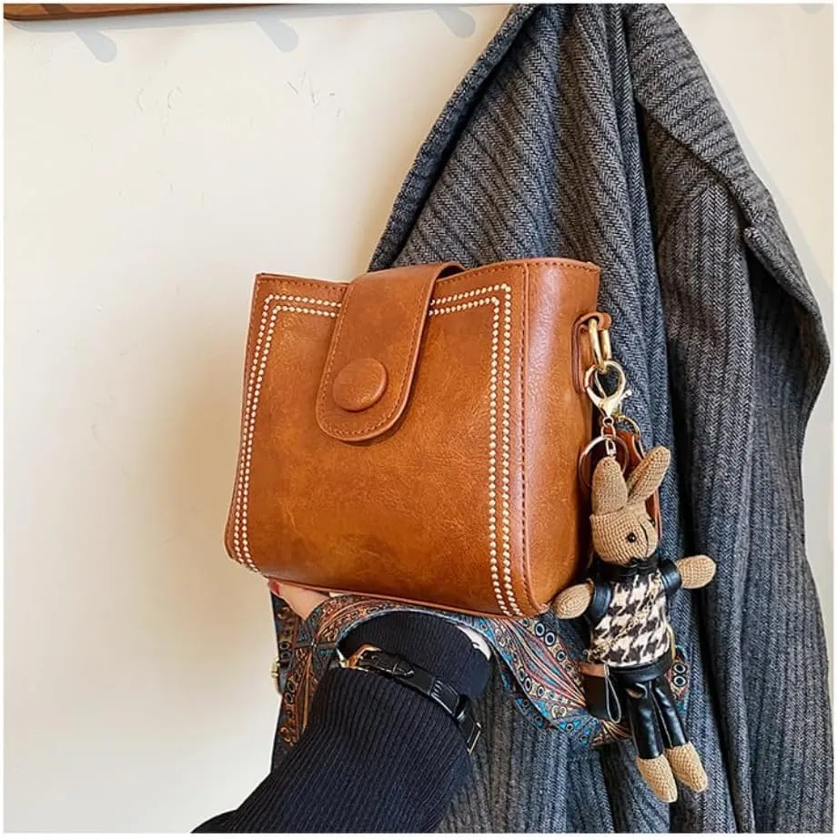 Square Shoulder Sling Bag, Vintage Fashion Bags with Adjustable Wide Shoulder Strap, Bucket Bag with Cute Rabbit Pendant