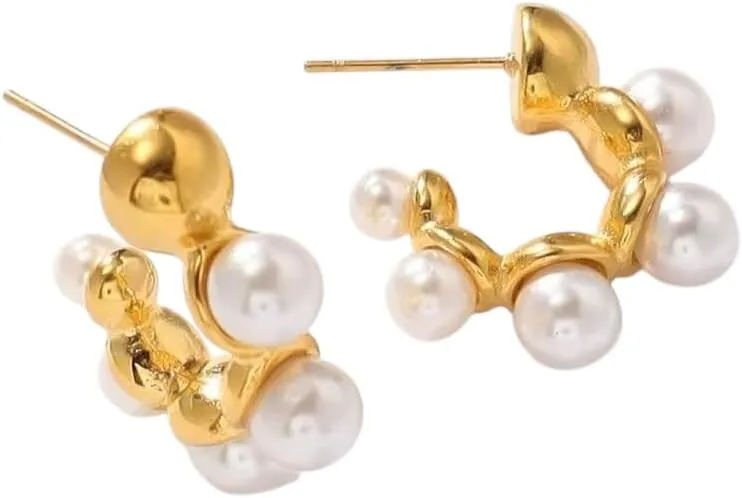 Star & Pixie Dust minimalist C - shaped Pearl Earrings, 18k gold plated stainless steel earrings for women, Hypoallergenic, Tarnish Resistant, gift for her