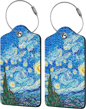 Starry Night Luggage Tag Personalized Luggage Tags for Suitcases,Leather Bag Tags for Backpacks Handbag with Name ID Label Travel Essentials Baggage Tags 2 Pack