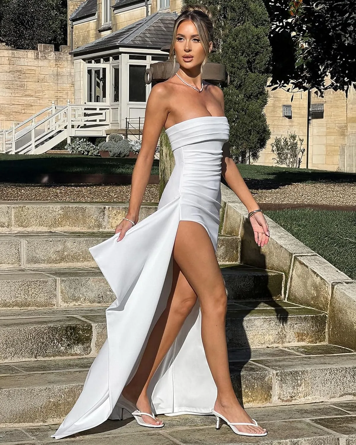 Strapless Chiffon Prom Dress with Slit Long Corset Mermaid Evening Dresses Ruched Formal Party Gown