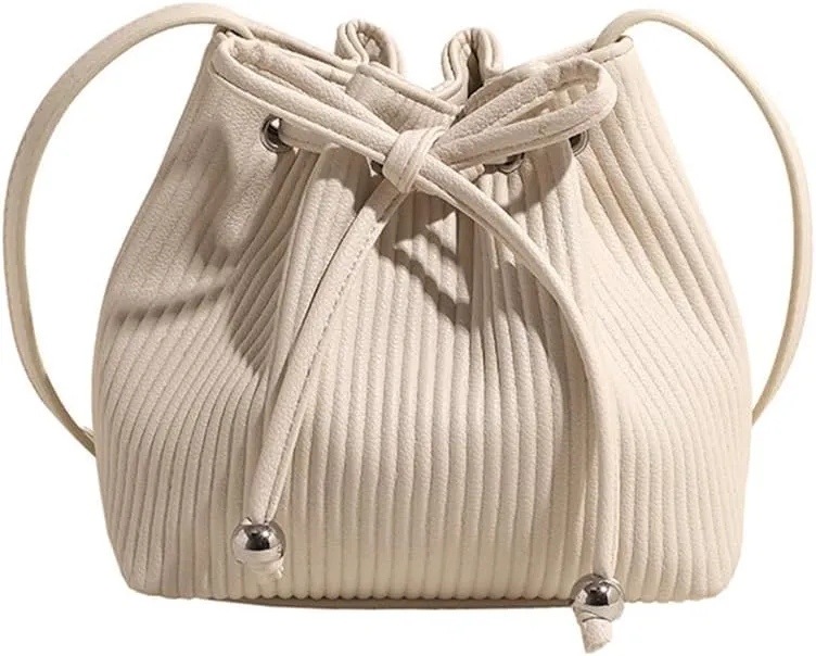 Stripe Drawstring Bucket Bag Small Leather Crossbody Hobo Bucket Satchel Bag Casual Lightweight Drawstring Daypack Purse