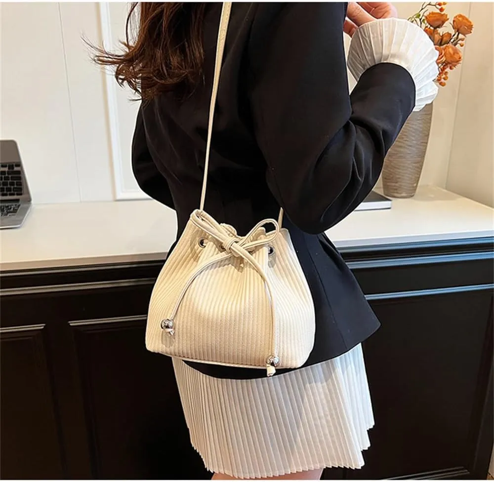 Stripe Drawstring Bucket Bag Small Leather Crossbody Hobo Bucket Satchel Bag Casual Lightweight Drawstring Daypack Purse