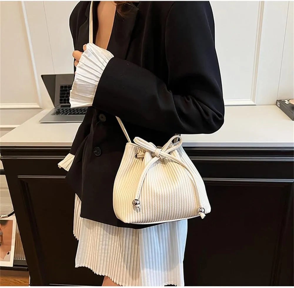 Stripe Drawstring Bucket Bag Small Leather Crossbody Hobo Bucket Satchel Bag Casual Lightweight Drawstring Daypack Purse