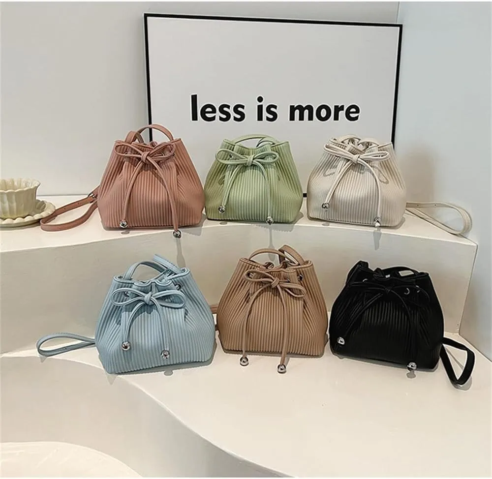 Stripe Drawstring Bucket Bag Small Leather Crossbody Hobo Bucket Satchel Bag Casual Lightweight Drawstring Daypack Purse