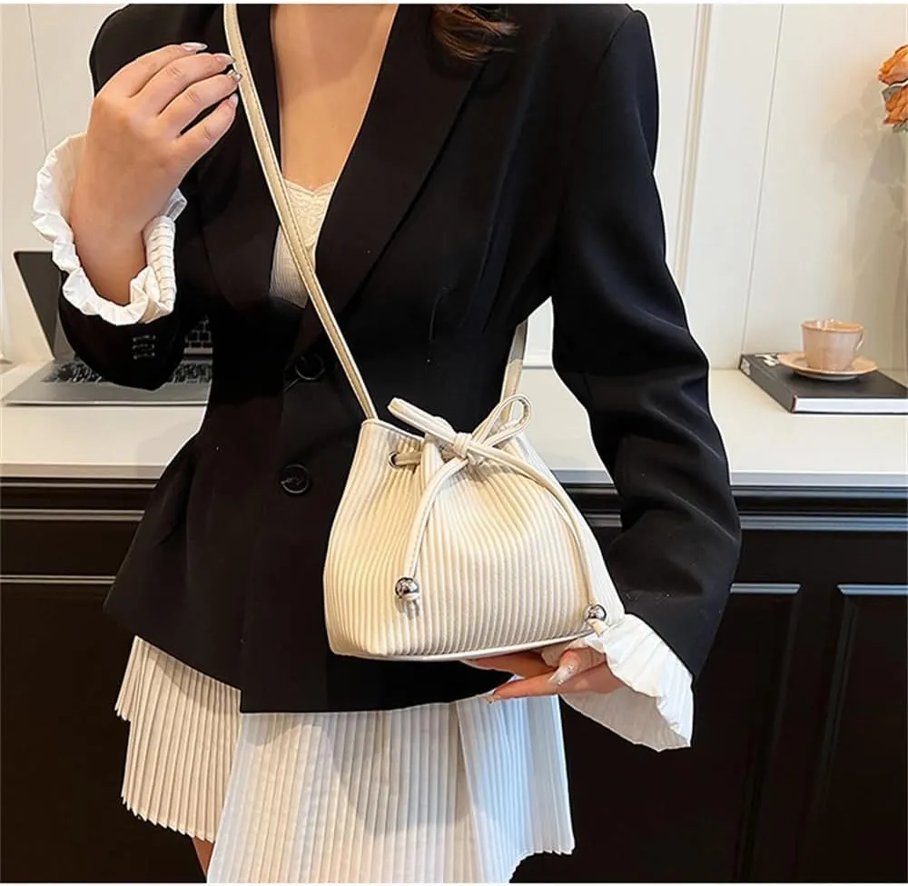 Stripe Drawstring Bucket Bag Small Leather Crossbody Hobo Bucket Satchel Bag Casual Lightweight Drawstring Daypack Purse