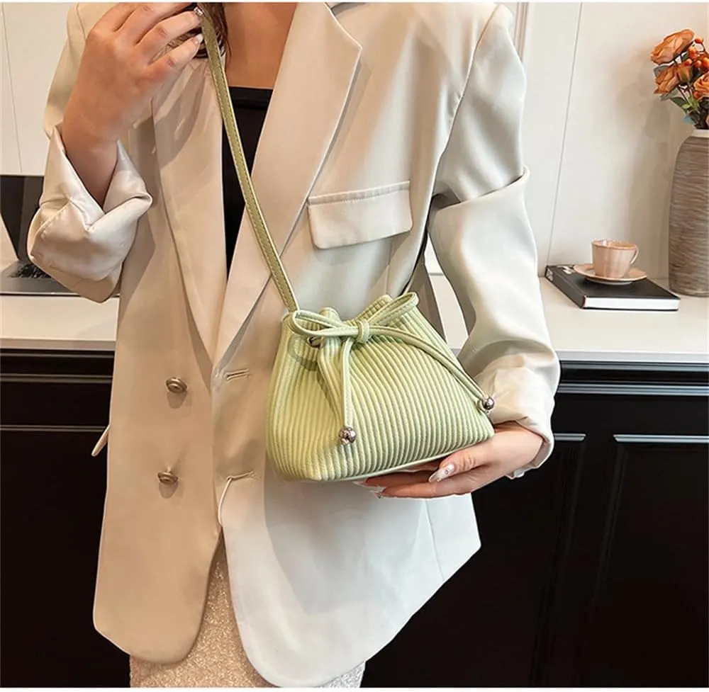 Stripe Drawstring Bucket Bag Small Leather Crossbody Hobo Bucket Satchel Bag Casual Lightweight Drawstring Daypack Purse