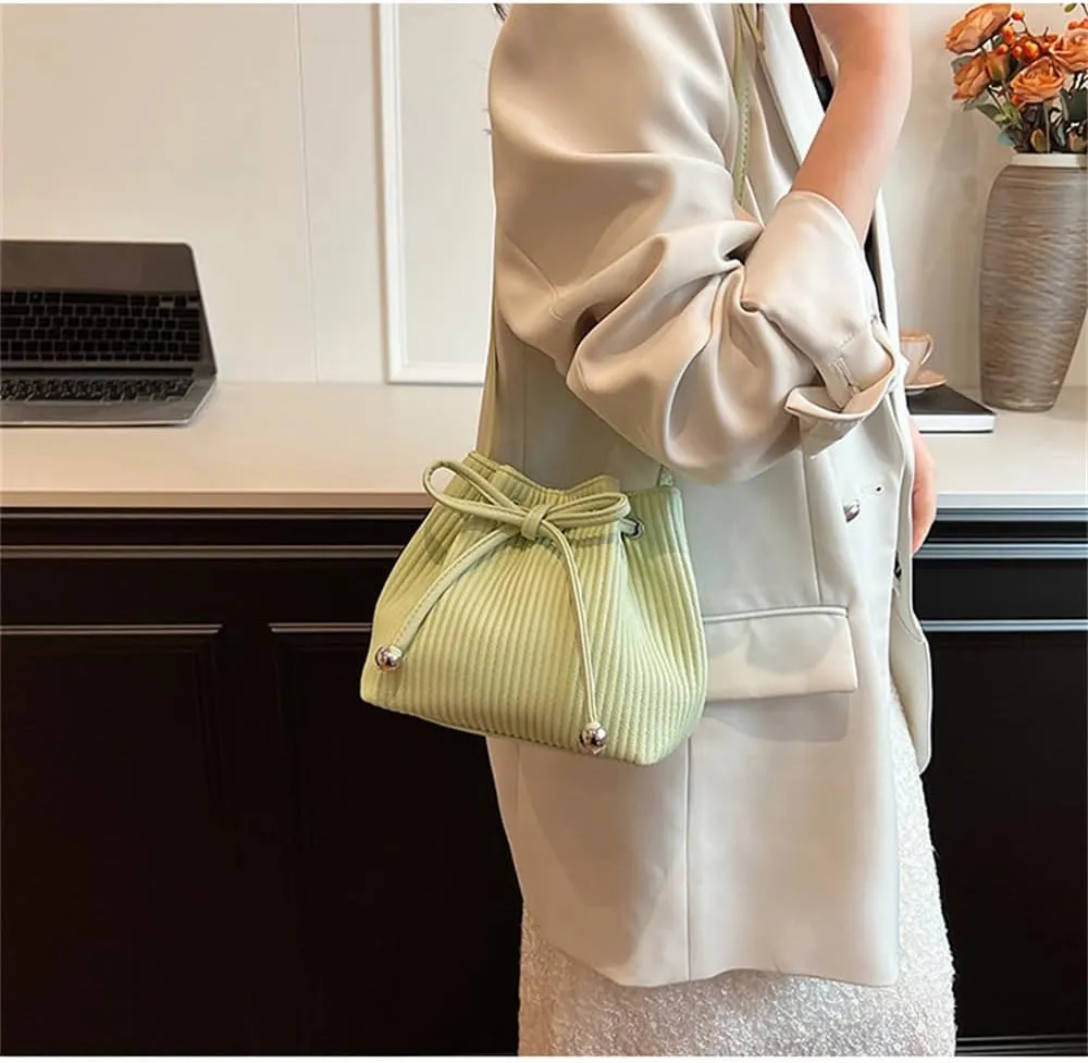 Stripe Drawstring Bucket Bag Small Leather Crossbody Hobo Bucket Satchel Bag Casual Lightweight Drawstring Daypack Purse