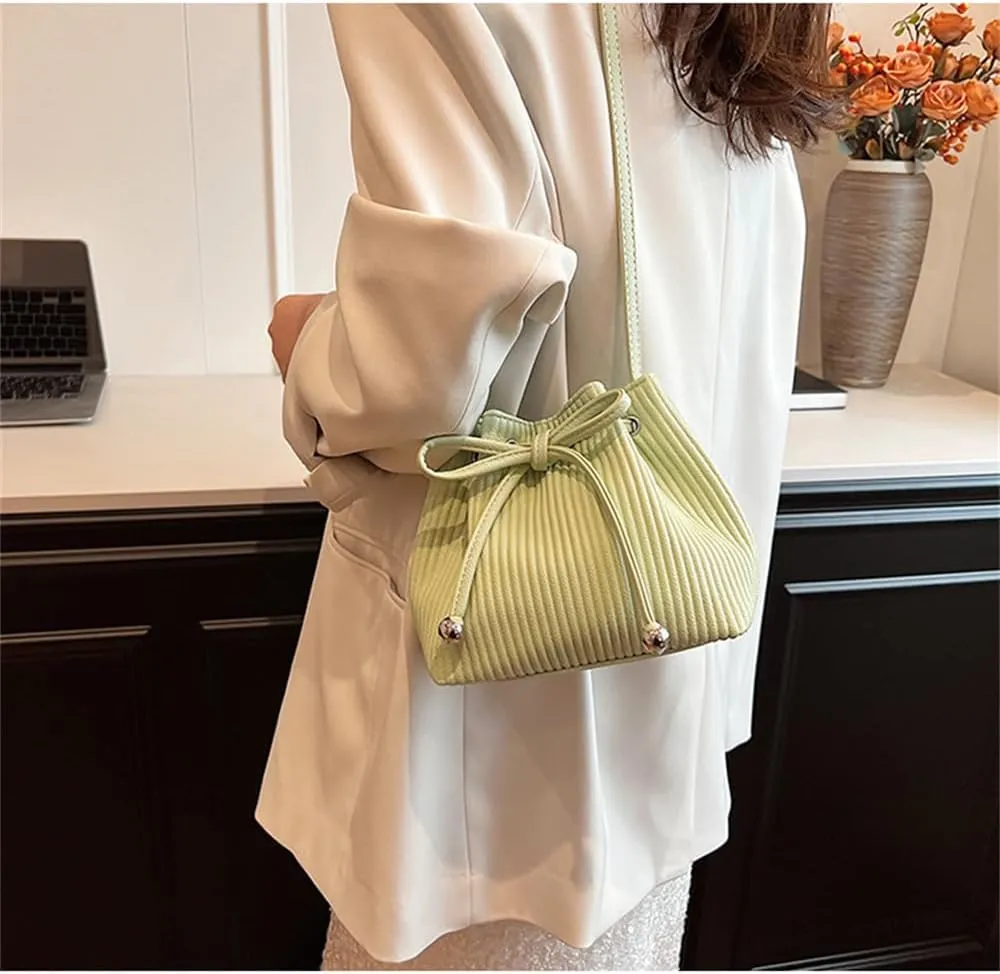 Stripe Drawstring Bucket Bag Small Leather Crossbody Hobo Bucket Satchel Bag Casual Lightweight Drawstring Daypack Purse