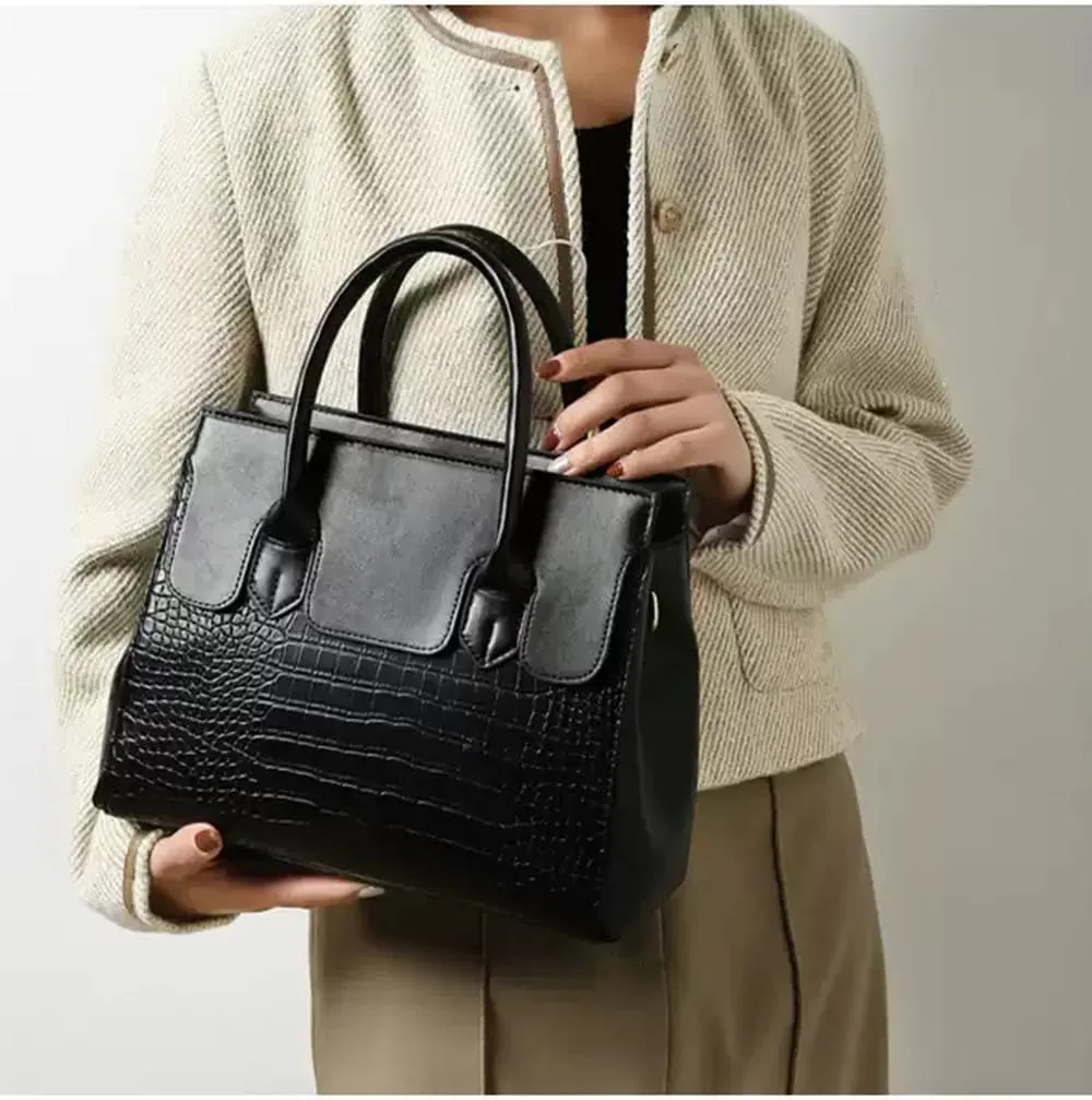 Stylish Retro Leather Satchel Handbag for Women - Fashionable Tote Shoulder Bag with Zipper (Black)
