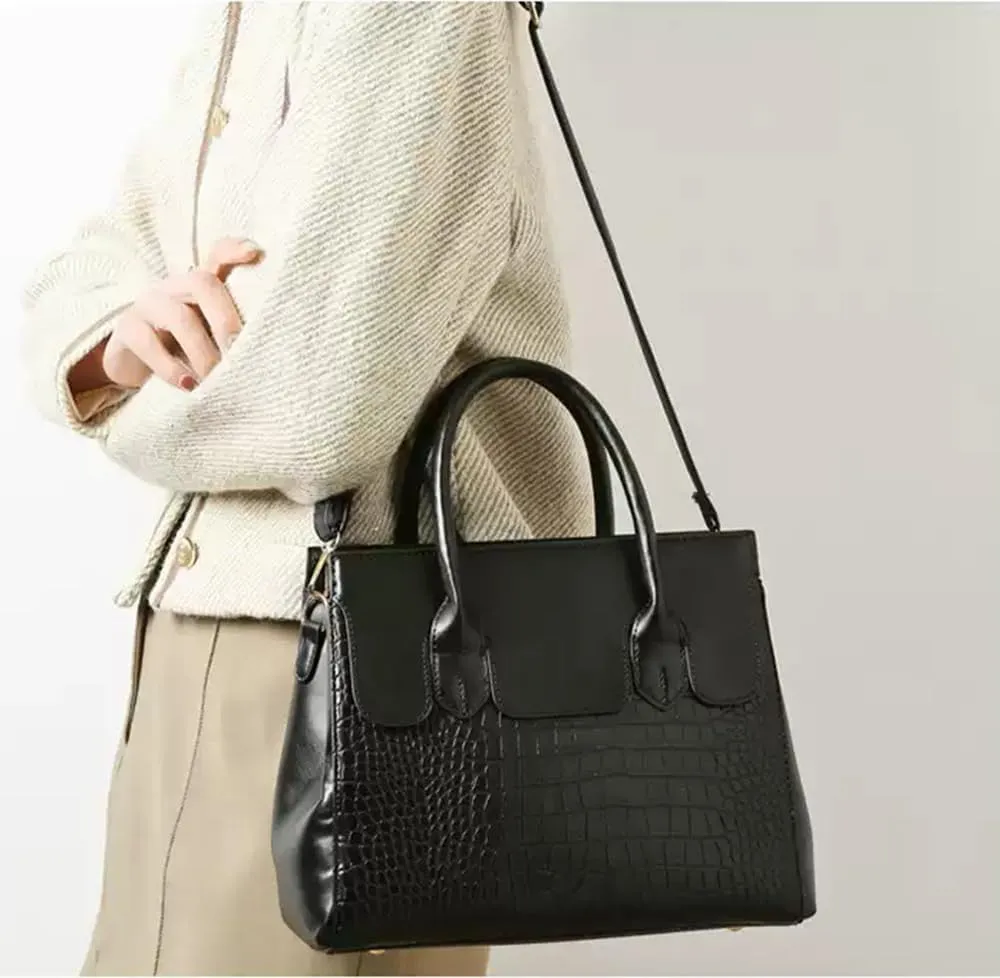 Stylish Retro Leather Satchel Handbag for Women - Fashionable Tote Shoulder Bag with Zipper (Black)
