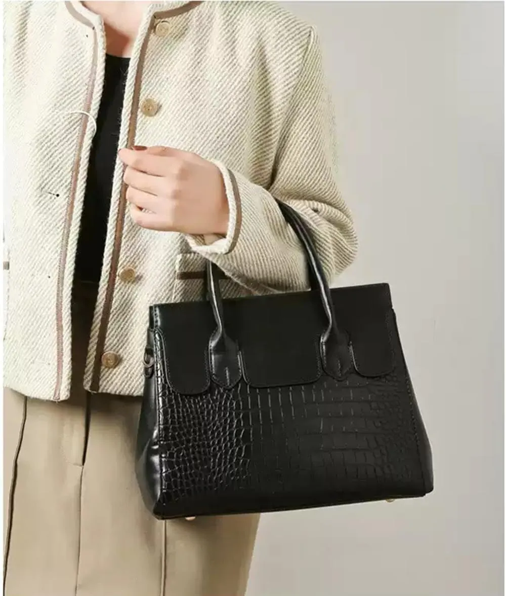 Stylish Retro Leather Satchel Handbag for Women - Fashionable Tote Shoulder Bag with Zipper (Black)