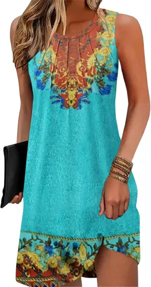 Summer Beach Dresses for Women 2025 Casual Sleeveless Floral Print Pleated Sundress Cover Ups Fashion Maxi Dress