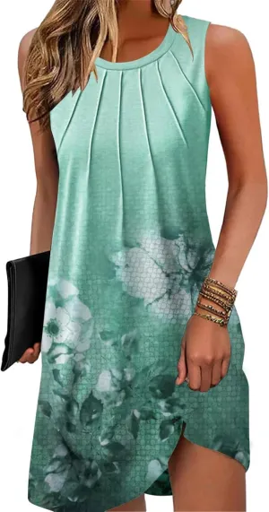 Summer Beach Dresses for Women 2025 Casual Sleeveless Floral Print Pleated Sundress Cover Ups Fashion Maxi Dress