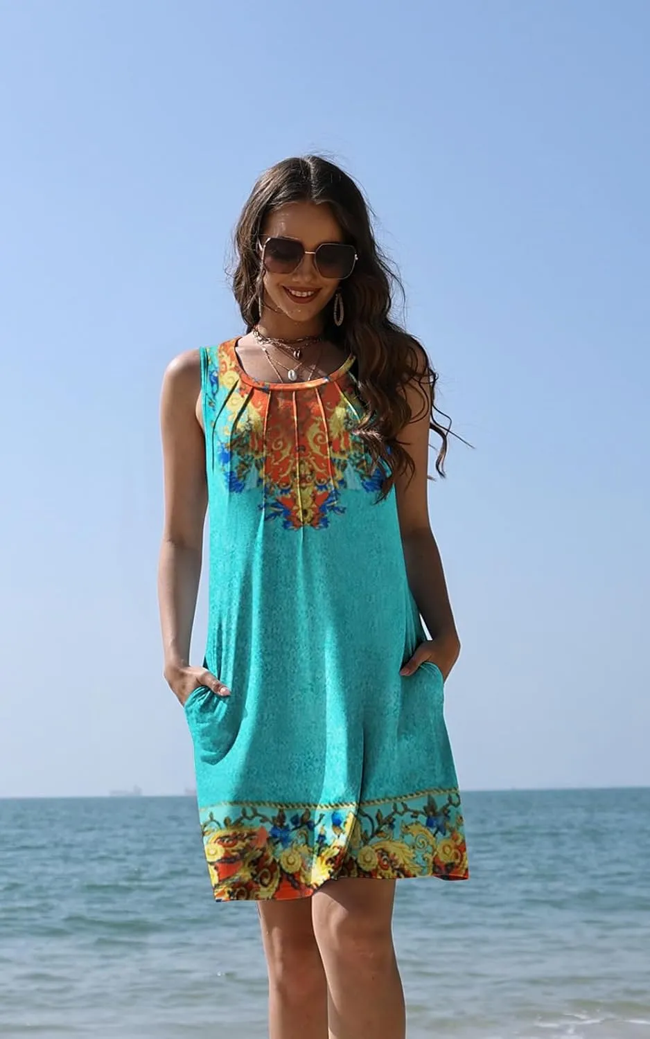 Summer Beach Dresses for Women 2025 Casual Sleeveless Floral Print Pleated Sundress Cover Ups Fashion Maxi Dress