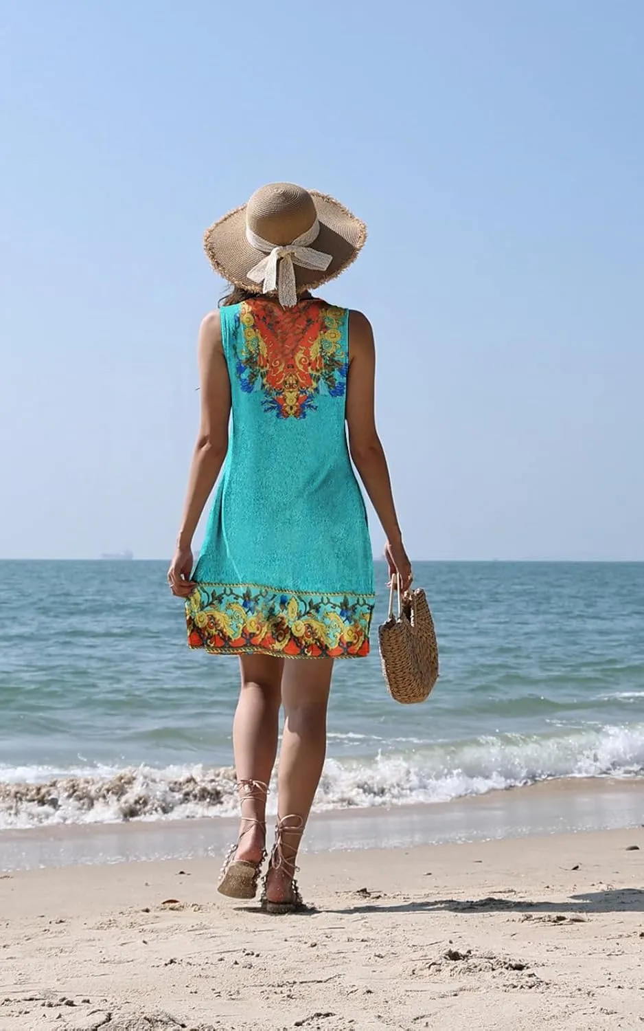 Summer Beach Dresses for Women 2025 Casual Sleeveless Floral Print Pleated Sundress Cover Ups Fashion Maxi Dress